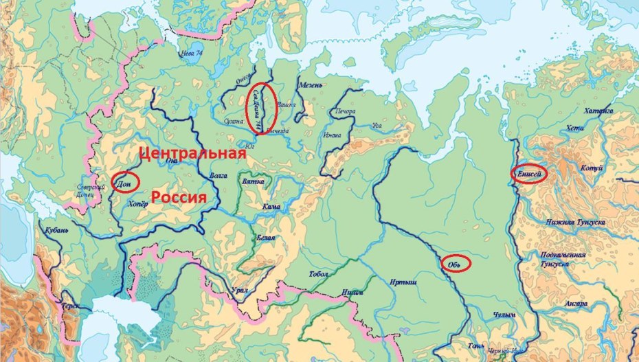 Река Лена и Енисей на карте России