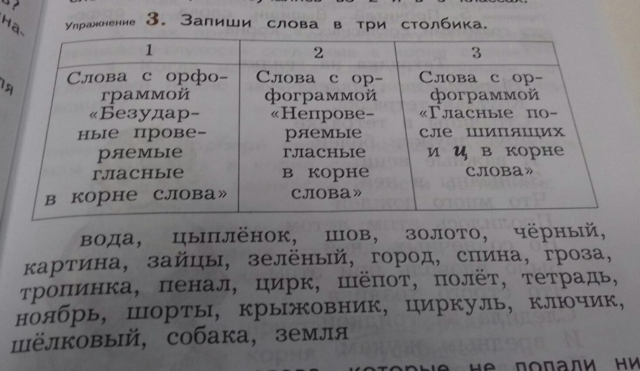 Записать слова в три столбика