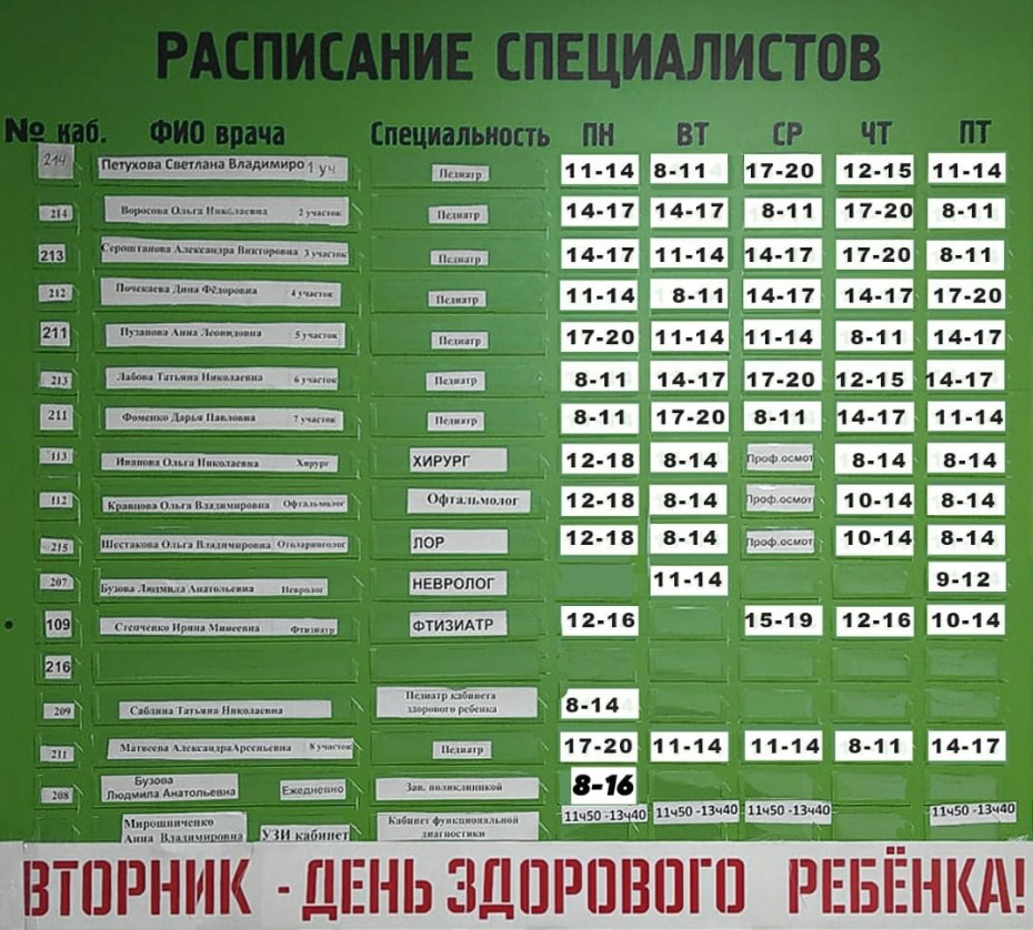 Расписание детской поликлиники