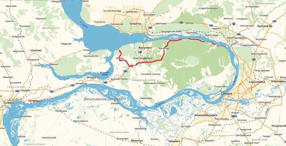 Карта Самарской области Тольятти - Ширяево- Самарская лука